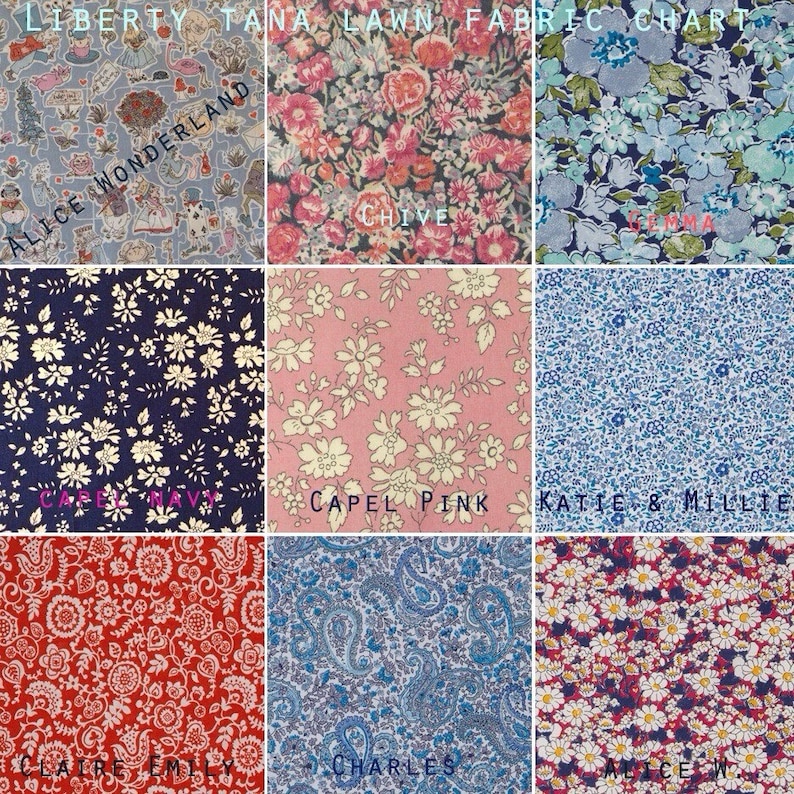 May include: A fabric chart featuring nine different floral and patterned Liberty Tana Lawn fabrics. The fabrics include designs with flowers, paisley, and whimsical illustrations in various colors like blue, pink, and red.