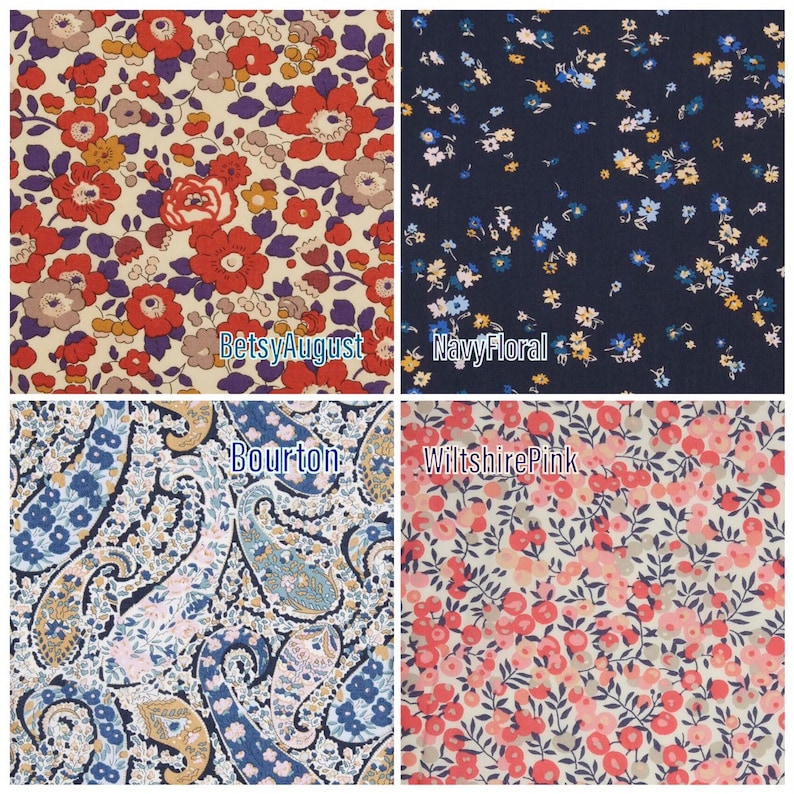 May include: A collage of four fabric swatches with floral and paisley patterns. The swatches include a cream-colored fabric with red flowers, a navy blue fabric with small blue and yellow flowers, a blue paisley fabric, and a pink floral fabric. Text labels identify each fabric.