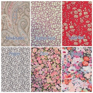 May include: A collection of six fabric swatches with floral and paisley patterns. The swatches are labeled with names like "Felix&Isabel", "Feather Field", and "Capel Red". Colors include red, pink, purple, and gray.