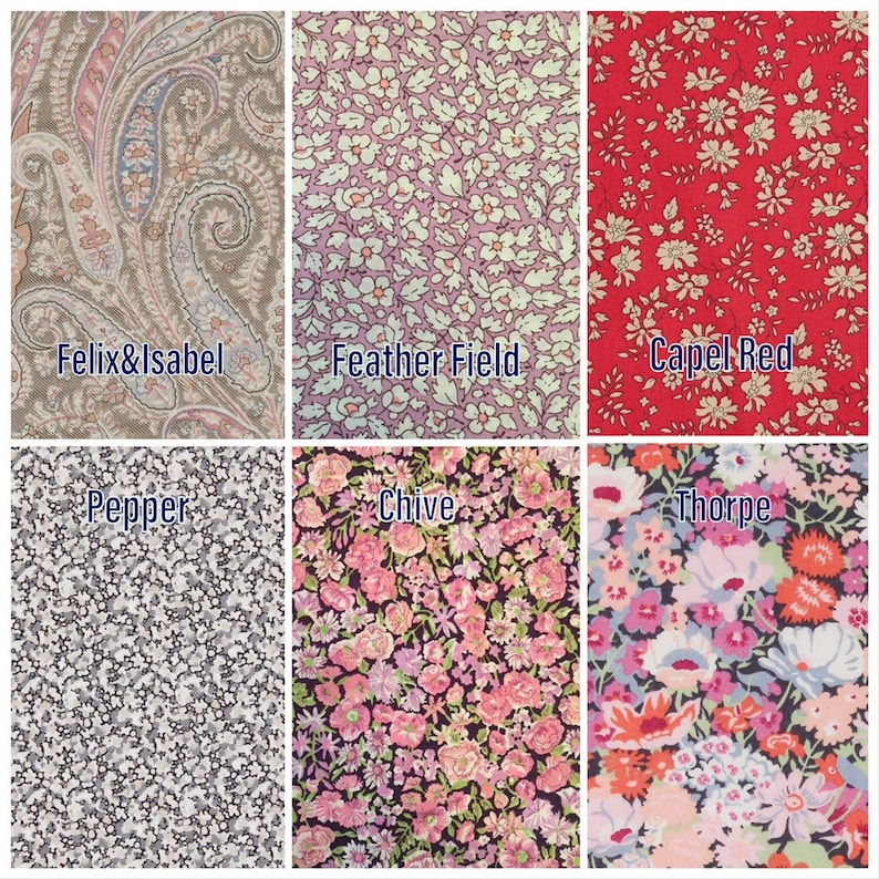May include: A collection of six fabric swatches with floral and paisley patterns. The swatches are labeled with names like "Felix&Isabel", "Feather Field", and "Capel Red". Colors include red, pink, purple, and gray.