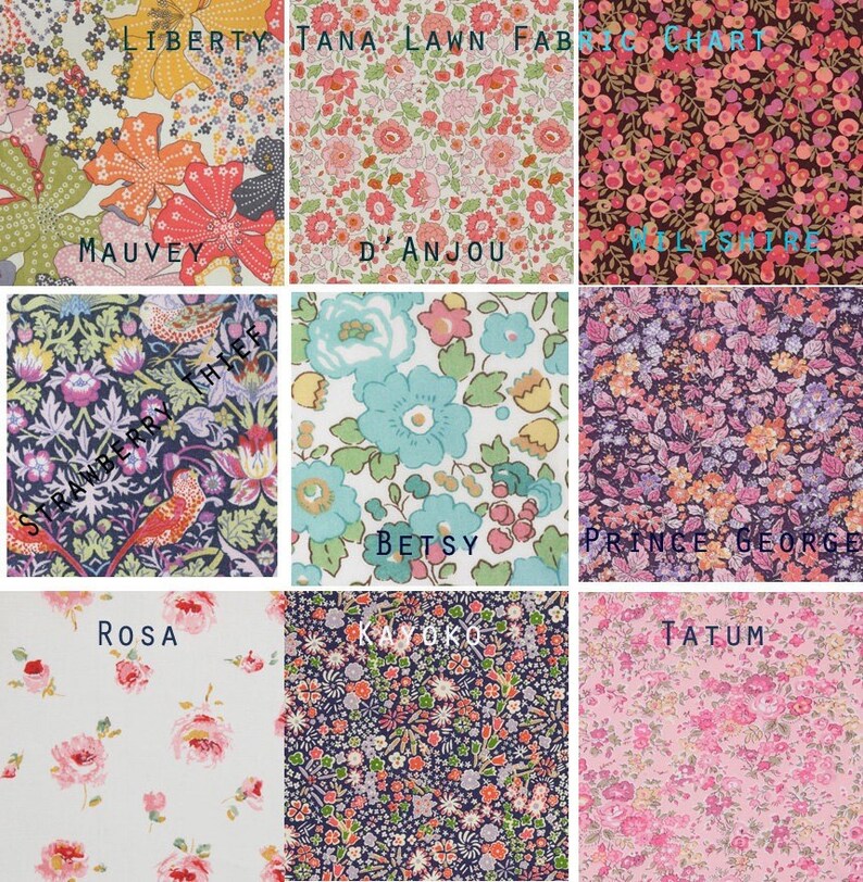 May include: A fabric chart featuring nine different floral patterns. The fabrics include designs with large flowers in orange, pink, and yellow, as well as smaller floral prints in various colors. Each fabric swatch is labeled with a name.