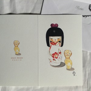 Cartões de felicitações com design original da boneca Kokeshi e seu gato persa impressos em Paris em papel francês premium de 250g