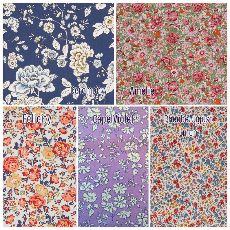 May include: A collection of floral fabric swatches. The swatches include a navy blue fabric with large white and blue flowers, a pink and green floral pattern, a red and orange floral pattern, a purple floral pattern, and a red, blue, and yellow floral pattern.