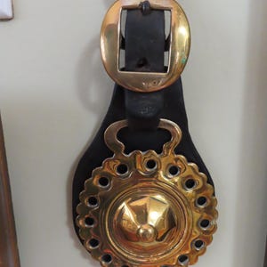 Antique Stamped Horse Brass Medallion on Leather Strap Farmhouse English Country Decor Victorian Era