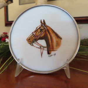Equestrian Milk Glass Coaster Horse Head Handpainted by Cyril Gorainoff Milk Glass with Sterling Rim Equestrian Decor