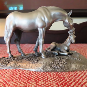 Pewter Mare and Foal Statue: &quot;Rise and Shine&quot; Equestrian Decor