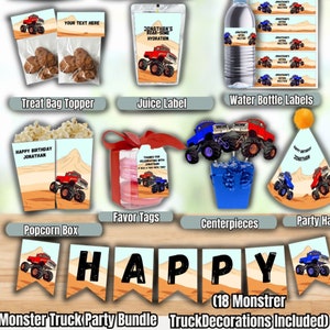 Monster Truck Birthday Bundle Party Decorations, Monster Truck Party Package Birthday, Monster Truck Invitations, Digital Instant Download