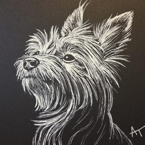 White Ink Dog Portrait on Black Paper – Hand-Drawn Whimsical Dog Art