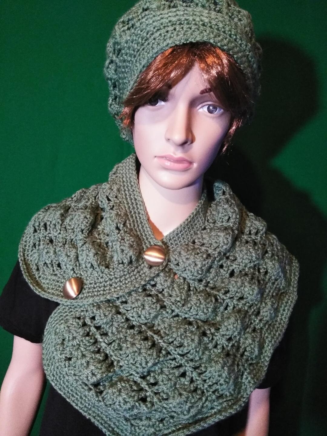 Crochet sage green hat and neck warmer