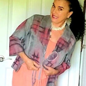 Rust red and grey denim canvas jacket. Art to wear original textile