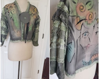 Denim and lace cropped Bolero Jacket wearable art one of a kind