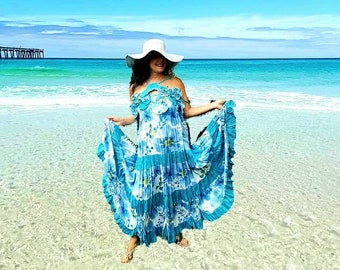 Blue turquoise wide maxi dress one of a kind whymsical