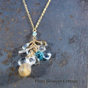 Delicate Handmade Gemstone Cluster Necklace, Rutilated Quartz, Citrine, Aquamarine & Apatite Briolettes, 14K Gold Filled, OOAK