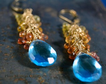 Stunning Gemstone Statement Earrings, Brilliant Blue Topaz & Songea Sapphire Cluster Earrings, Briolettes, 14k Gold Filled, One of Kind