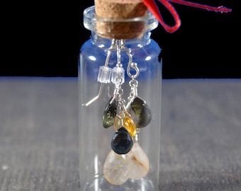 Boucles d’oreilles dans un bouteille - Multi pierres précieuses Cluster Tourmaline et Quartz rutile boucles d’oreilles - facettes Briolettes-argent Sterling-prêt à expédier