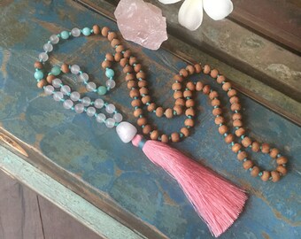 Mala Beads Sandalwood, Pink Tassel Necklace, Mala Amazonite, Rose Quartz Mala Beads, Knotted Mala Beads 108, Sautoir Pompon, Mala Necklace