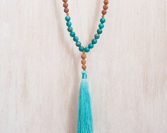 Turquoise Stone Tassel Necklace - Turquoise Beads Mala Necklace - 108 Mala Beads - Turquoise And Rudraksha - Long Tassel Boho Jewelry