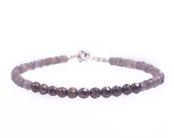 Labradorite Bar Bracelet, Pyrite Beaded Bracelet, Tiny Gemstone, Energy Healing Gift, Sterling SilverBracelet, Delicate bracelet, Boho