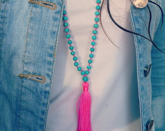 Neon Pink Tassel Necklace - Summer Necklace - Turquoise Bead Necklace - Howlite Mala Necklace - Boho Chic - Bohemian Beaded Necklace - Boho