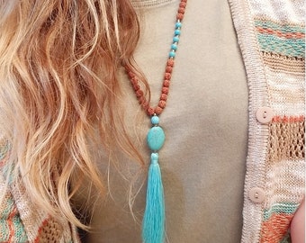 Turquoise Mala Necklace, Howlite Mala 108, Beaded Tassel Necklace, Mala Beads, Bohemian Long Necklace, Tassel Jewelry, Rudraksha Mala, Boho