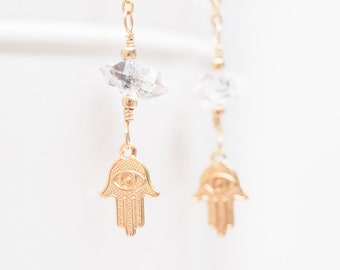 Gold Hamsa Earrings - Herkimer Diamond Earrings - Tiny Hamsa - Long Dangle Earrings - Hamsa Jewelry - Mothers Day Gift - Hamsa Hand Evil Eye