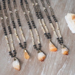 Raw Citrine Necklace, Mala Beads 108, Lava Mala Necklace, Smoky Quartz Beaded Necklace, Gold Dipped Citrine Pendant, Raw Crystal Necklace