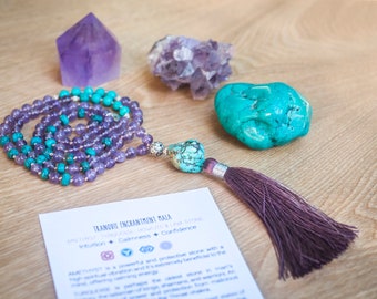 Mala Bead Necklace, Amethyst Mala Beads, Raw Turquoise Tassel Necklace, 108 Mala Necklace, Japa Mala Meditation Beads, Buddhist Prayer Beads