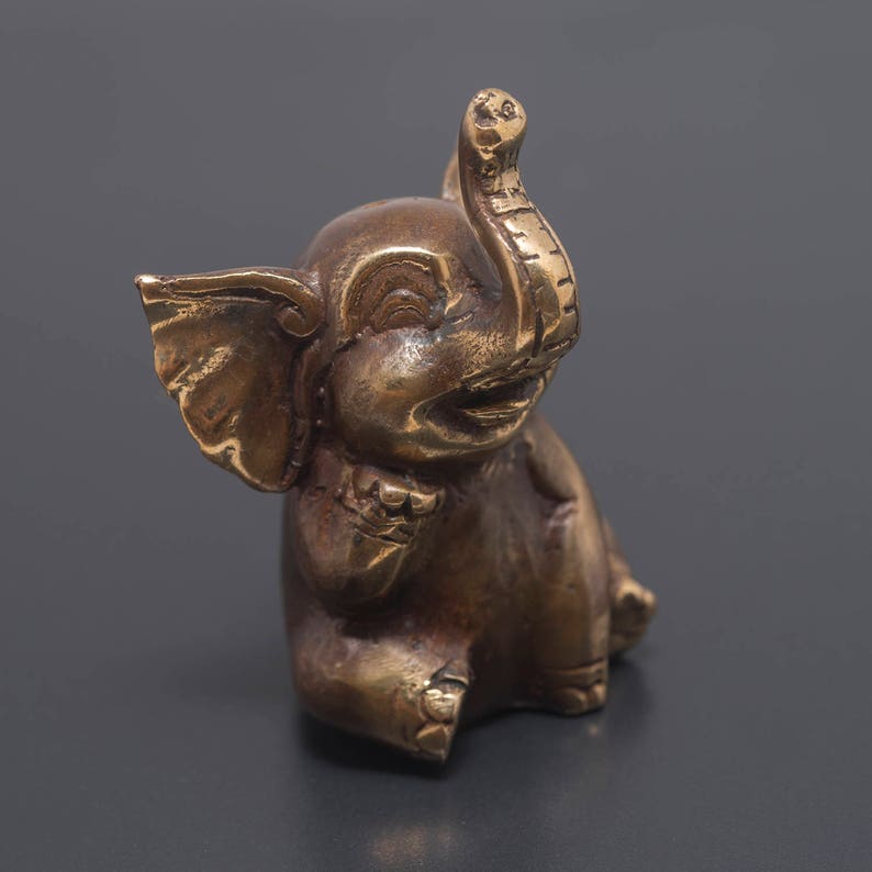 May include: A small, bronze elephant figurine with a curled trunk and detailed features. The elephant is sitting with its legs tucked underneath its body.