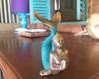Mermaid Statue Antique - Vintage Look Mermaid - Nautical Sculpture - Hand Carved Brass Mermaid - Beach House Decor - Goddes Of the Sea Yoga