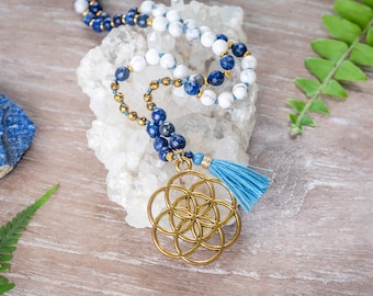 Howlite Mala Necklace, Lapis Lazuli Mala Beads, Tassel Necklace, Japa Mala, Yoga Jewelry, Seed Of Life Necklace, Knotted Beaded Necklace