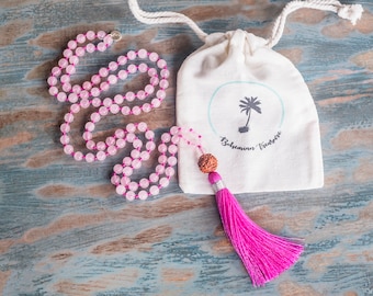 Mala Necklace Rose Quartz, Pink Tassel Necklace, 108 Healing Crystals And Stones, Rudraksha Mala Beads, Rose Quartz Necklace, Yoga Mala 108