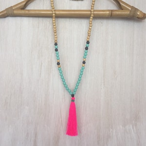 Pink Beaded Tassel Necklace, Pastel Mint Neon Mala Necklace, Pink Tassel Necklace, Long Bohemian Necklace, Boho Tassel Jewelry, Mothers Day