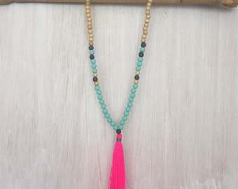 Pink Beaded Tassel Necklace, Pastel Mint Neon Mala Necklace, Pink Tassel Necklace, Long Bohemian Necklace, Boho Tassel Jewelry, Mothers Day