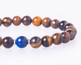 Tiger Eye Bracelet, Lapis Lazuli Wrist Mala, Mens Beaded Bracelet, Surfers Jewelry, Boyfriend Gift, Mens Gemstone Bracelet, Tiger Eye Men