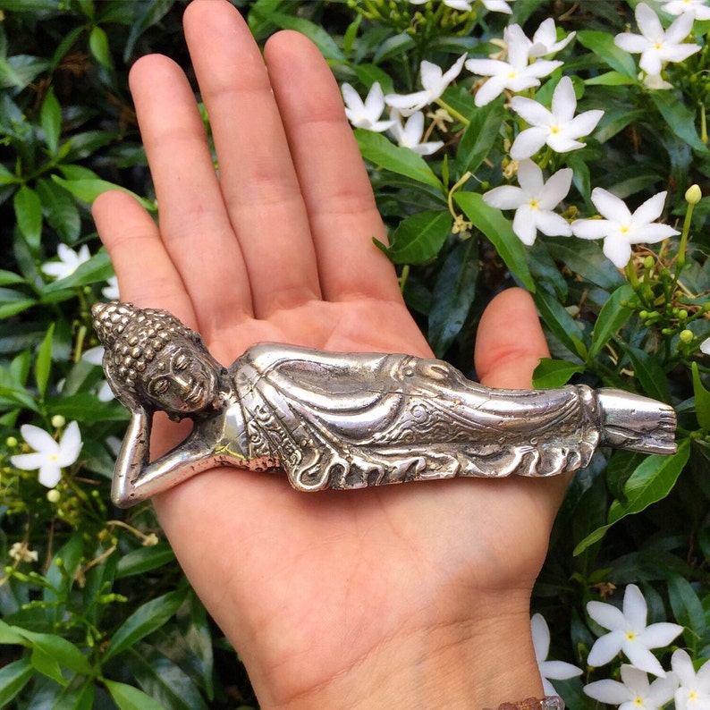 Bronze Buddha Statue Reclining Buddha Laying Buddha Silver Statue Nirvana Buddha Buddha Sculpture Buddha Gift Yoga Statue image 1