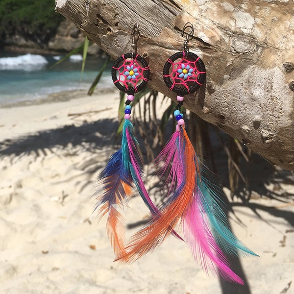 Dream Catcher Earrings - Black/Pink Dreamcatcher - Long Boho Earrings - Colorful Dangle Bohemian Earrings - Feather Earrings - Hippie