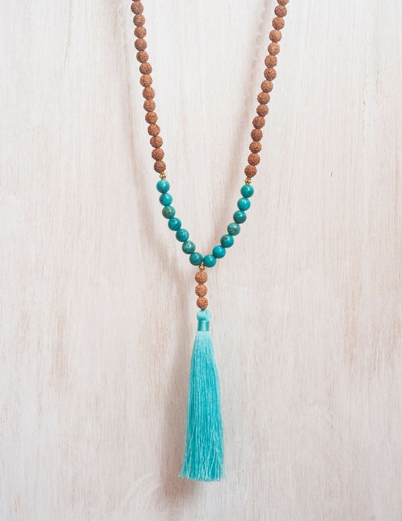 Turquoise Stone Tassel Necklace Turquoise Beads Mala Necklace 108