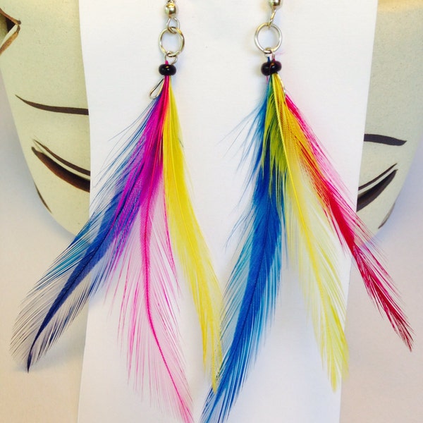 Art de Mon - Feather Dangle Earrings - Unique Handmade Jewelry - Colors - Blue/Pink/Yelloow - Feathers