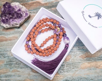 Mala Kette, Rudraksha Amethyst Mala Beads, Mala Necklace, Rudraksha Mala, Stress Relief Gift, Rudraksha Beads Prayer Mala, Christmas Gift