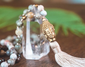 Mala Necklace Buddha, Labradorite Mala, Knotted Mala Beads, Buddha Tassel Necklace, Gold Buddha Charm, Mala Bead Necklace, Boho Necklace