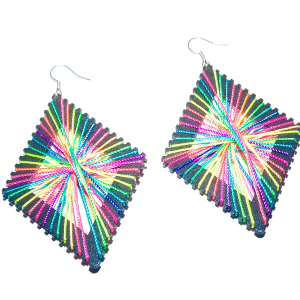 Geometric Wooden Earrings - Laser Cut Black Wooden Pendant - Dangle Earrings - Neon Rainbow - Bohemian - Boho Chic