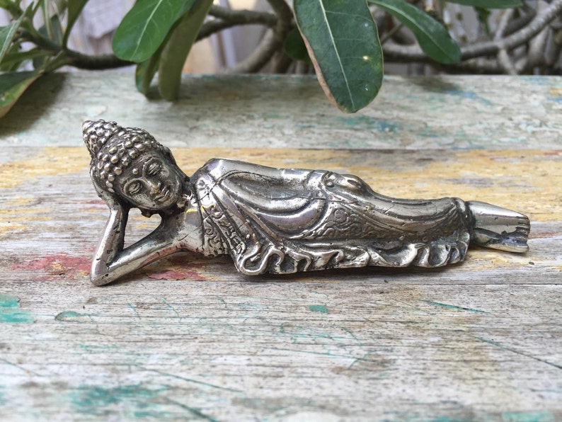 Bronze Buddha Statue Reclining Buddha Laying Buddha Silver Statue Nirvana Buddha Buddha Sculpture Buddha Gift Yoga Statue image 4