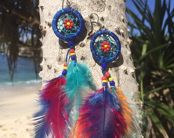 Dream Catcher Earrings - Blue Dreamcatcher - Long Boho Earrings - Colorful Dangle Bohemian Earrings - Feather Earrings - Hippie - Boho Chic