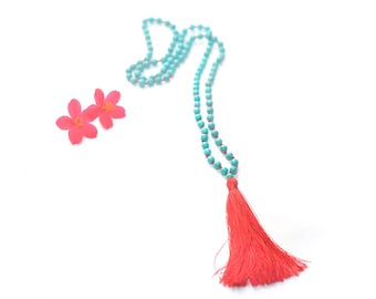 Red Tassel Mala Necklace, Turquoise Stone 108 Mala Beads, Hand Knotted Mala, Calming Yoga Necklace, Red Beaded Tassel Necklace, Howlite Gift