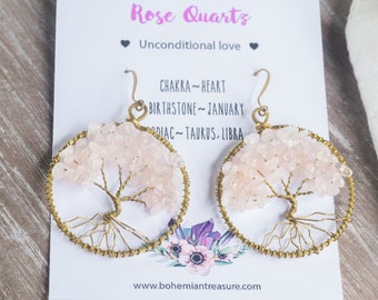 Rose Quartz Earrings, Raw Stone Earrings, Tree Of Life Earrings, Boho Earrings, Birthstone Jewelry, Rose Quartz Crystal, Pink Crystal Stone