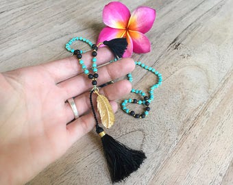 Multi Black Tassel - Seed Bead Boho Wrap - Gold Tassel Necklace - Feather Charm - Howlite Turquoise - Lava Stone Beads - Extra Long Necklace