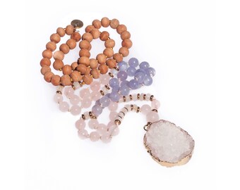 Druzy Mala Necklace, Mala Beads, 108 Bead Mala, Sandalwood Mala Beads, Moonstone Mala, Rose Quartz Beads, Angelite Mala, Druzy Crystal