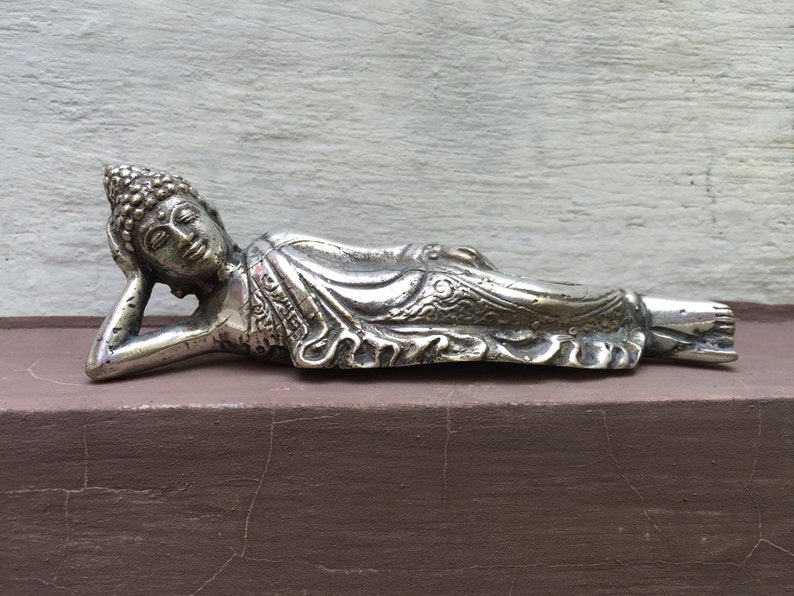 Bronze Buddha Statue Reclining Buddha Laying Buddha Silver Statue Nirvana Buddha Buddha Sculpture Buddha Gift Yoga Statue image 5