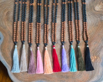 Lava Mala Necklace, Mala Beads 108, Tassel Jewelry, Rudraksha Mala, Lava Beads, Prayer Necklace, Meditation Jewelry, Beaded Tassel Necklace