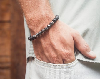 Mens Lava Stone Bracelet, Buddhist Bracelet, Black Gemstone Bracelet, Mantra Bracelet, Mens Bead Bracelet, Hematite Bracelet Men, Mens Gift